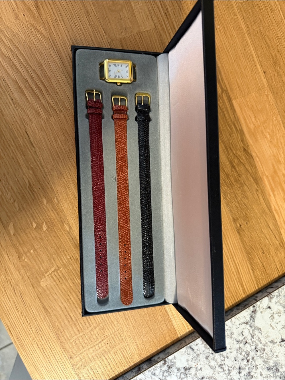 Interchangeable Leather Watch Strap Set with Gold-Tone Case - Red, Brown, Black